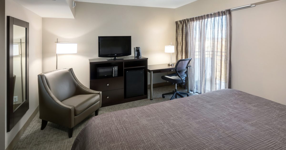 Hotel room with a bed, armchair, desk with office chair, TV, microwave, mini fridge, coffee maker, lamp, and large window with sheer curtains letting in natural light.