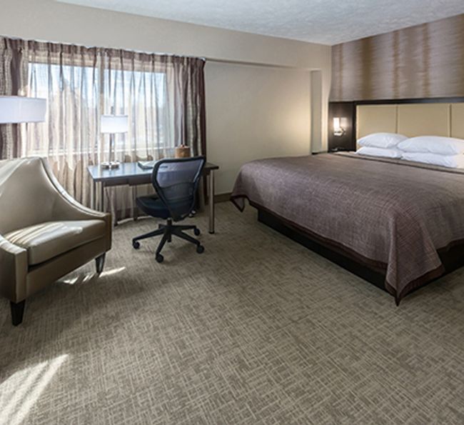 A hotel room with a bed, desk, chair, and window