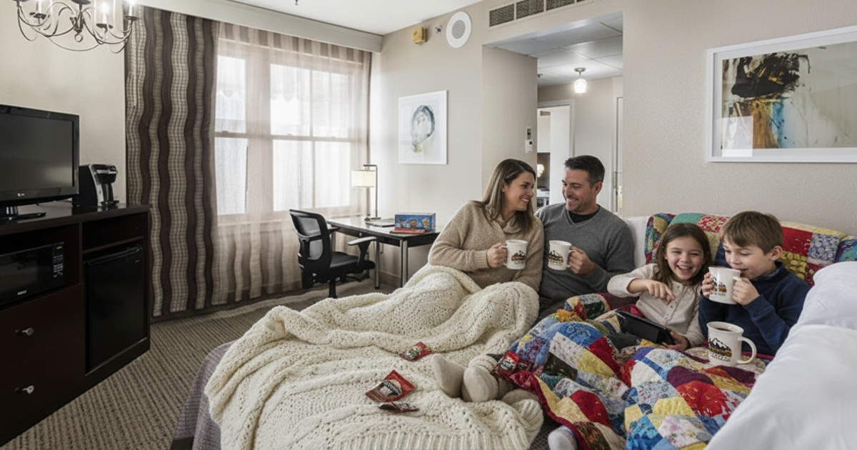 Family sitting in a cozy hotel room with hot chocolate mugs and games
