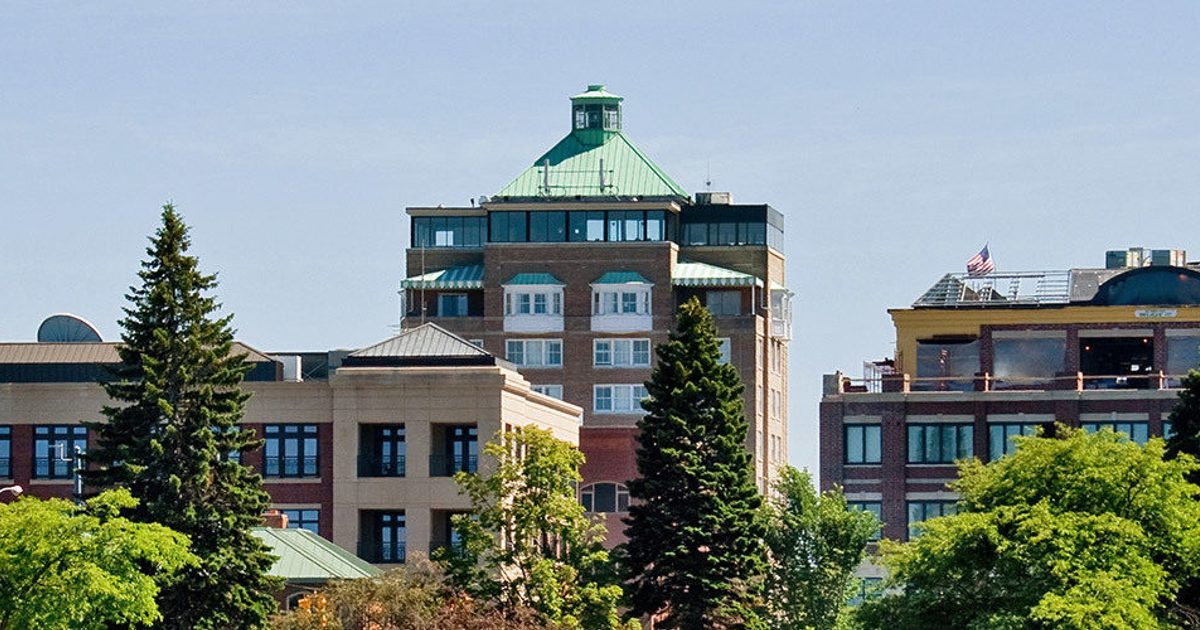 A row of mid-rise brick buildings with green rooftops stands behind leafy trees under a clear blue sky.